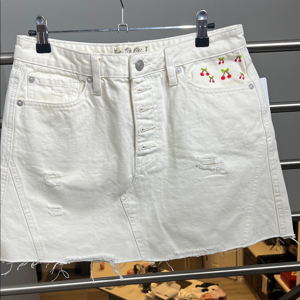 We The Free White Mini Skirt with Cherry Detail hand painted